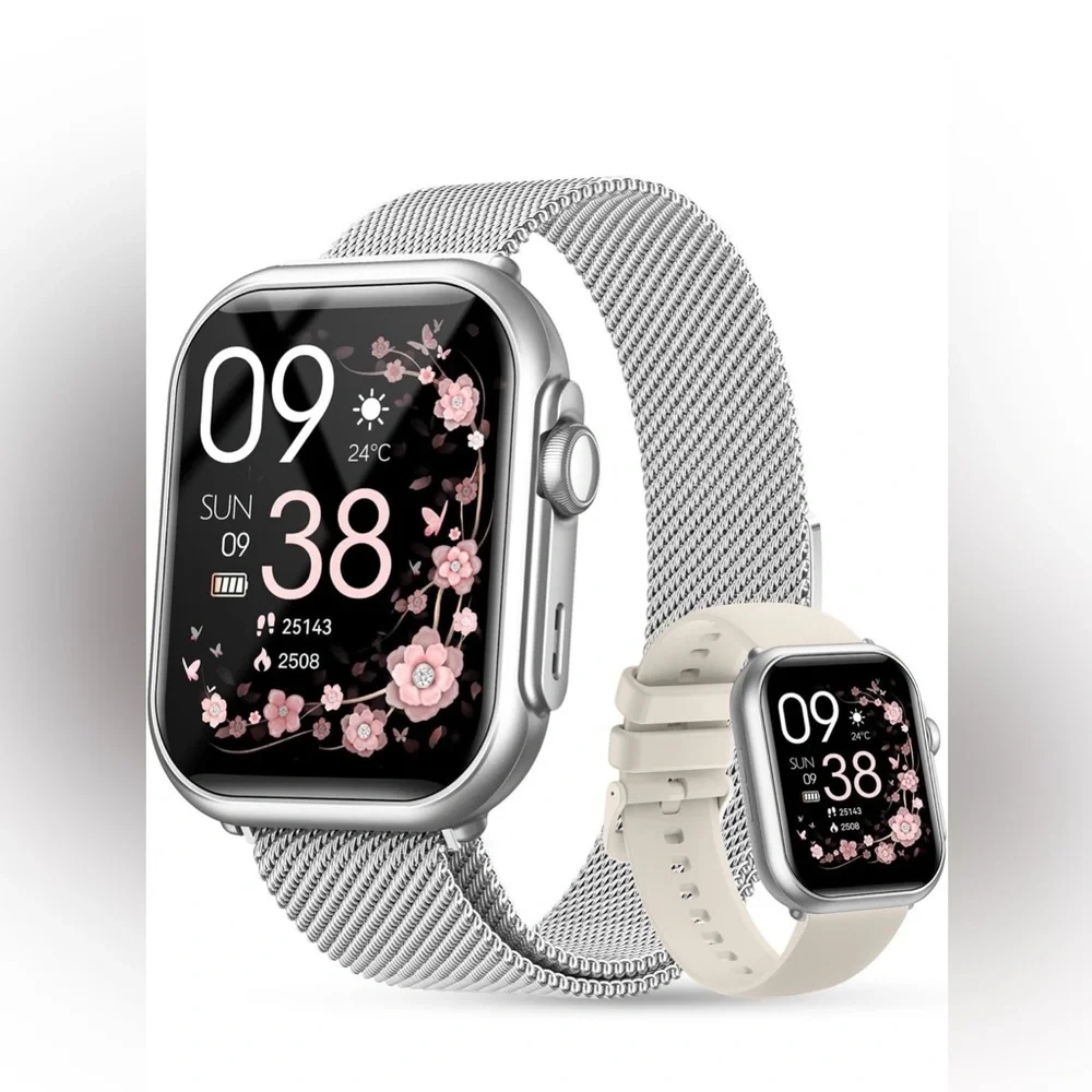 NWT Banlvs Smartwatch for Women,Calls,Monitors,Fitness,Sleep,Silver &Beige Bands